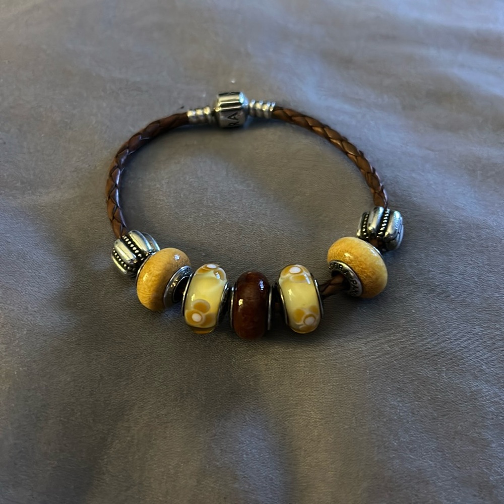 Pandora leather bracelet with wood and murano glass beads and stoppers